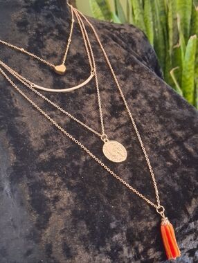 Taramanda Gold-Tone Layered Necklace with Orange Tassel 16,18,24,28 In.